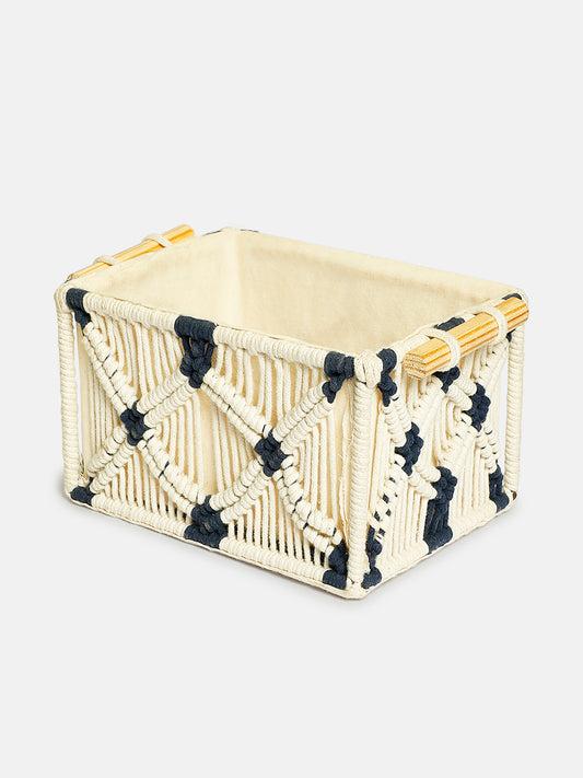 Macrame Storage Basket with Wooden Handles | Boho Home Decor Storage Baskets Tray Cotton Lined for Organizing | Hamper Basket for Gifting