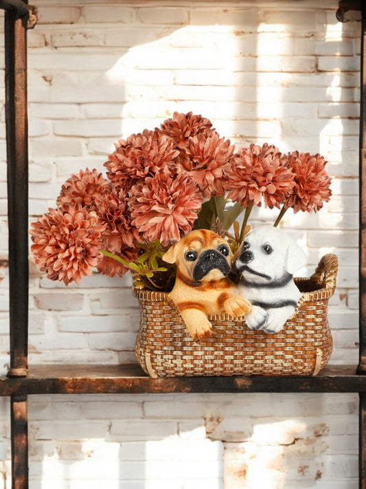 Cute Puppies in Basket Statue add Charms & Innocence. Best for Living Area and Office Desk.
