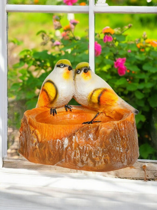 Decorative Poly-Resin Bird Feeder (Two Love Birds Sitting on Bowl) (Garden Decor, Garden Feeder, Outdoor Bird Statue)