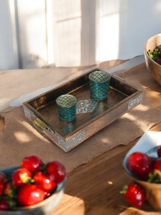Wooden Serving Tray | Handcrafted Mango Wood | Decorative Kitchen & Dining Table Tray | (T4, 16X11X2 (INCH))