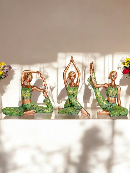 Resin Set of 3 New Green Yoga Girl Statue