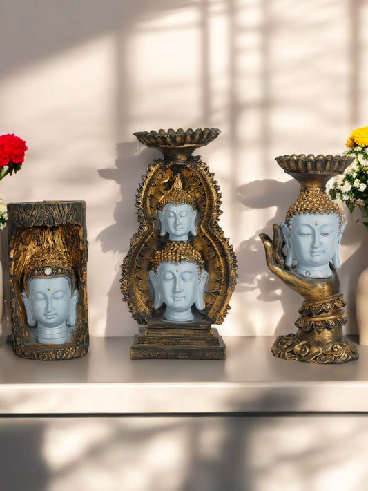 Double Head Buddha Statue for Home Office Decoration Premium Buddha Showpiece Statue Tealight Candle Holder Stand Tea Light Holders