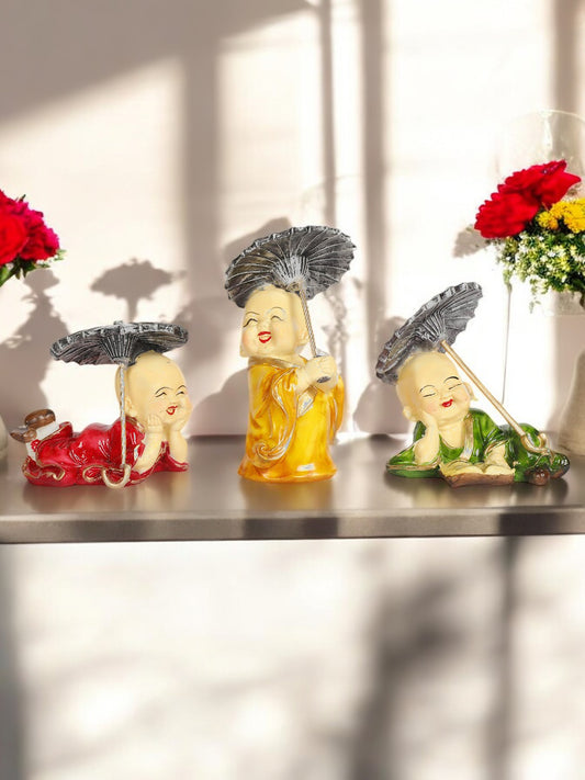Happy Buddha Monk Statues with Umbrella | Feng Shui Monk Figurine Showpiece - Set of 3 - Home Decor | Resin - Multi - 6.75" Inches