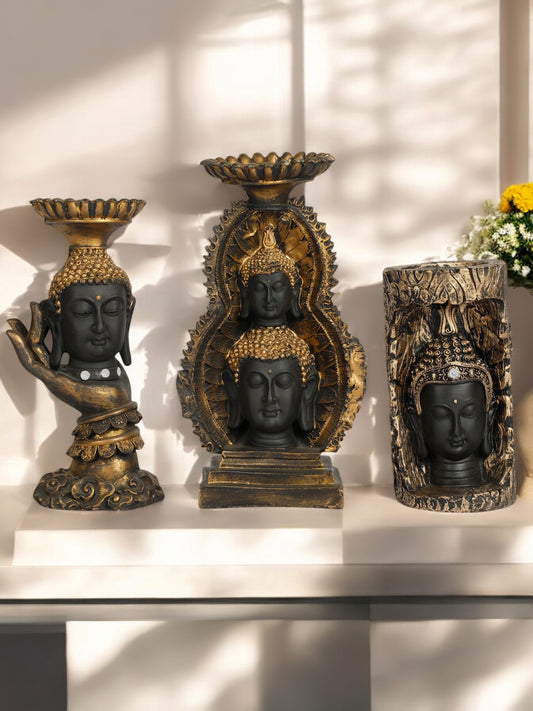 (Black Color) Double Head Buddha Statue for Home Office Decoration Premium Buddha Showpiece Statue Tealight Candle Holder Stand Tea Light Holders
