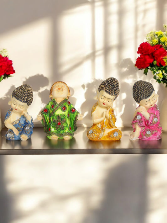 Maditation Monk Set of 4 Little Baby Monk Buddha Idols Table Decorations Items