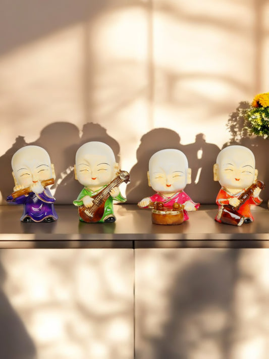Cute Monk Figurines Playing Musical Instruments, Set of 4(Black & Gold) Decorative Showpiece