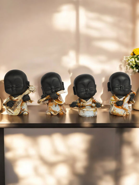 Cute Monk Figurines Playing Musical Instruments, Set of 4(Black & Gold) Decorative Showpiece