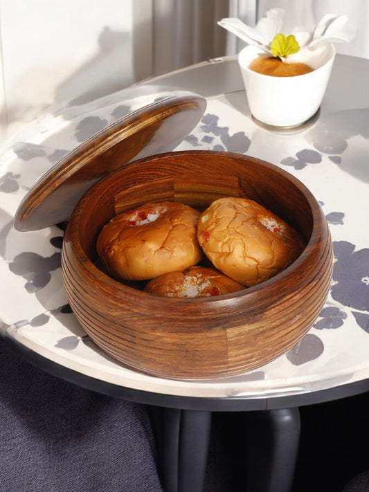 Wooden Casserole Chapati Roti Box Serving Hot Pot with Lid in Round Shape