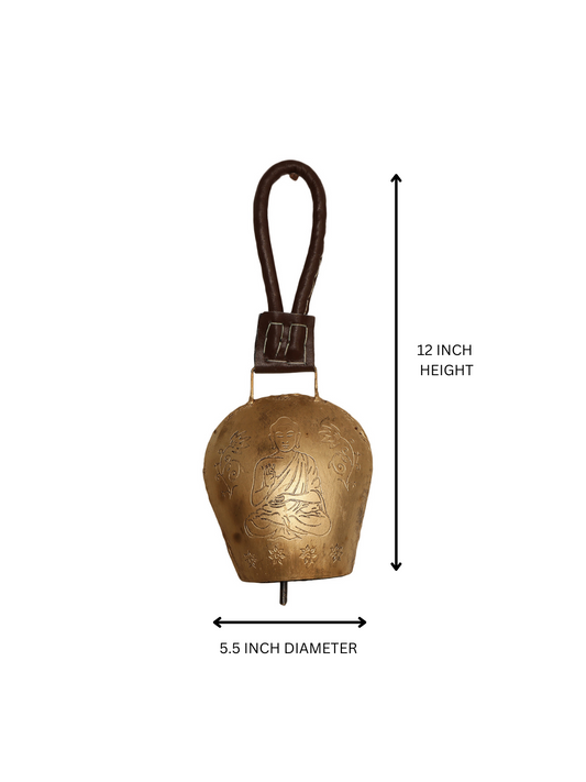 Handcrafted Brass Cowbell with Etched Detail  and Leather Strap - Single Piece