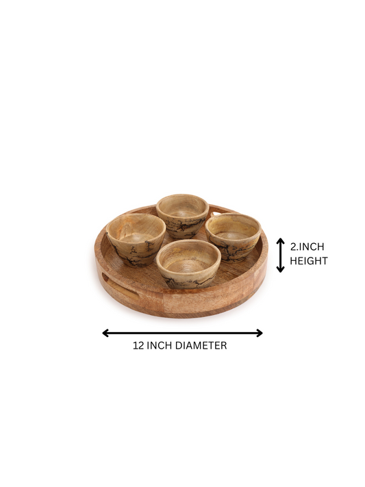 Handcrafted Wooden Serving Platter with Four Attached Bowls