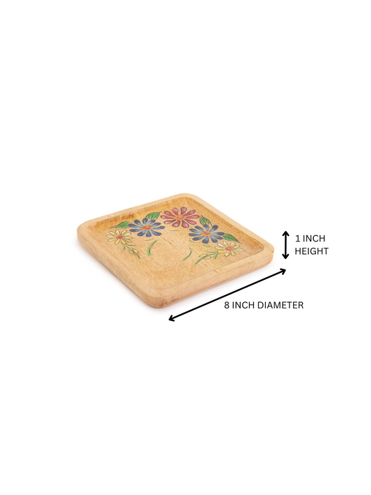 Hand-Painted Wooden Serving Tray with Floral Motifs - Single Piece