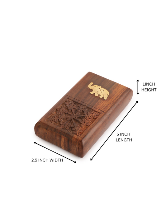 Artisan Carved Wooden Cigarette  Case with Brass Elephant Inlay
