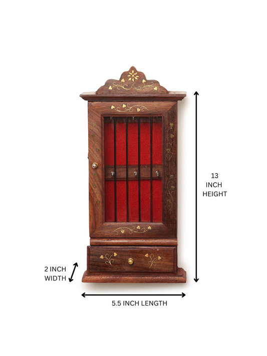 Handcrafted Wooden Wall-Mounted Key Holder with  Decorative Inlay & Bottom Shelf
