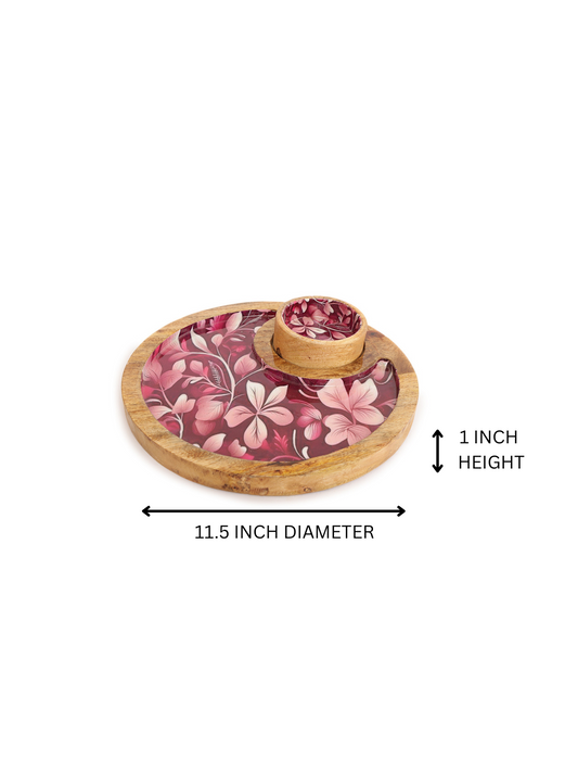 Homeique Round Wooden Floral Printed Serving Platter with Dip Bowl