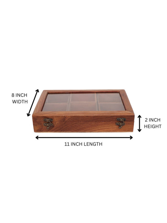 Homeique Premium Wooden Dry Fruit Box with Glass Lid – 6 Section Storage Organizer