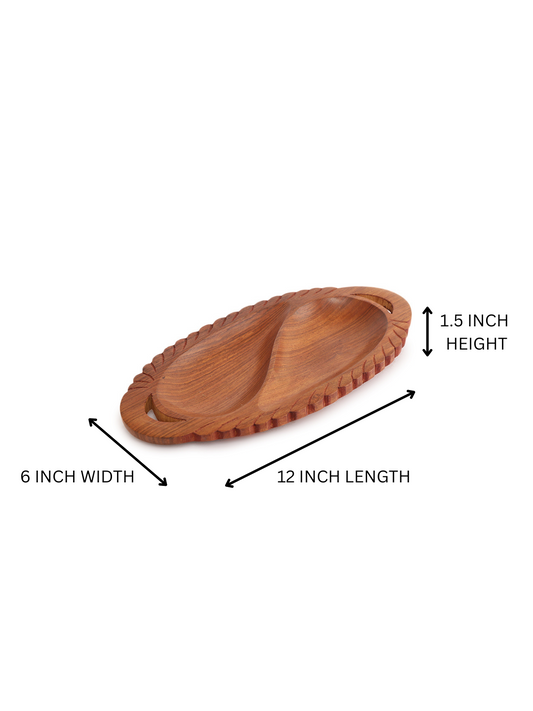Homeique Handcrafted Sheesham Wood Leaf-Edge  Dual-Section Serving Tray