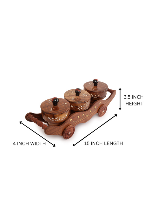Homeique Handcrafted Wooden Dry Fruit  Trolley with 3 Jars – Decorative Storage Cart (Brown)