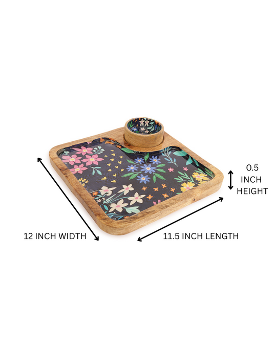 Homeique Floral Wooden Serving Platter  with Dip Bowl – Handcrafted Delight