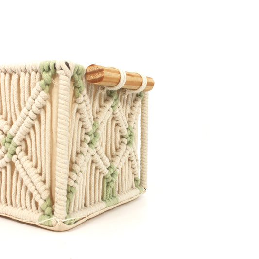 Handcrafted Macrame Storage Basket with Wooden Handles – Green Detailing