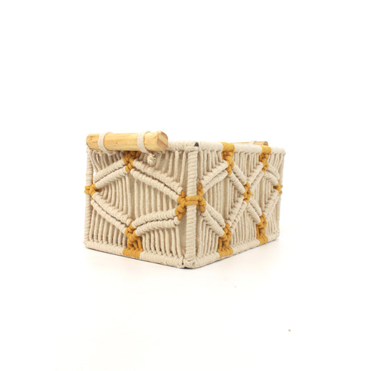 Handcrafted Macrame Storage Basket with Wooden Handles – Yellow Detailing