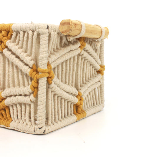 Handcrafted Macrame Storage Basket with Wooden Handles – Yellow Detailing