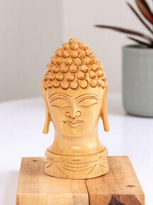 Hand-Carved Wooden Buddha Head Figurine