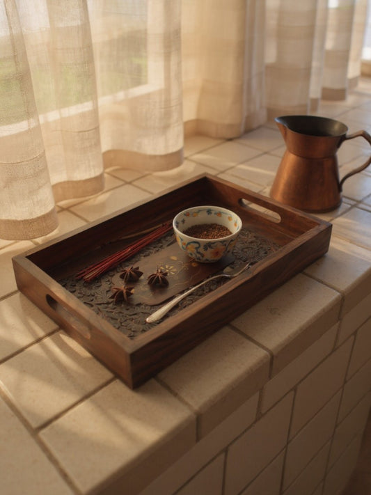 Handcrafted Wooden Serving Tray with Floral Carving
