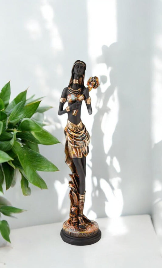Elegant Tribal Woman Holding Flowers Showpiece – Handcrafted Polyresin Decorative Statue