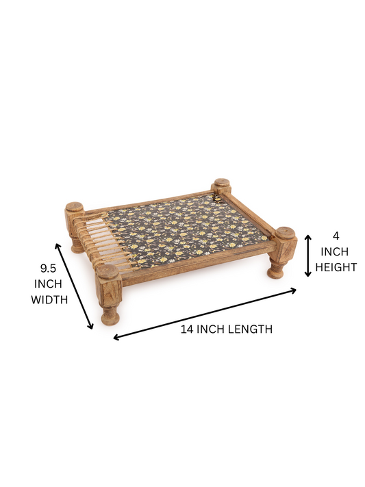 Rustic Khaat-Style Wooden  Serving Platter with Floral Fabric Inlay