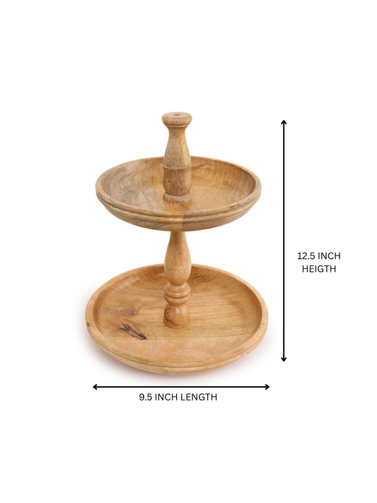 Handcrafted Wooden Two-Tier  Fruit Stand with Rustic Central Handle