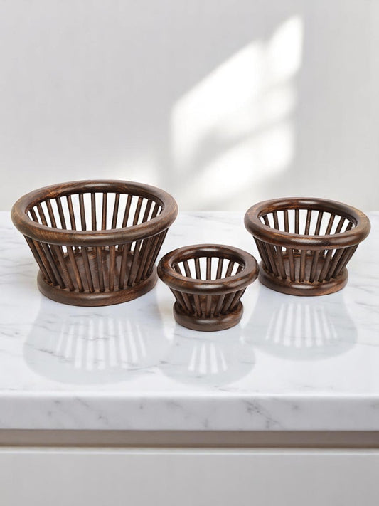"Handcrafted Wooden Slatted Storage Baskets - Set of 3"