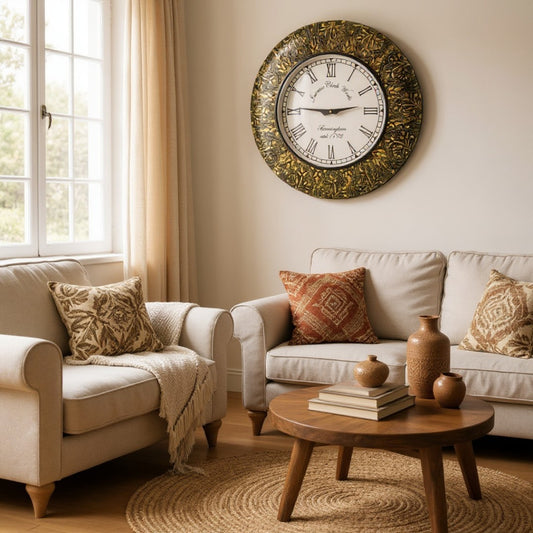 Vintage Roman Wall Clock with Gold Floral Plastic Frame