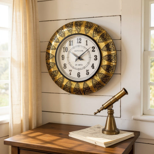 Golden Ornate Plastic Frame Wall Clock – Vintage Ship’s Time Design