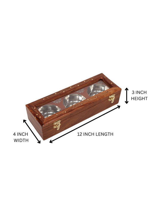 Homeique Handcrafted Wooden Dry  Masala Box with 3 Steel Bowls – Elegant Heart Motif Design