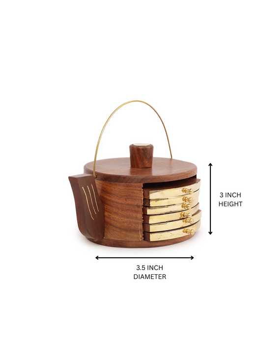Rustic Wood & Brass Inlay  Coaster Set with Holder