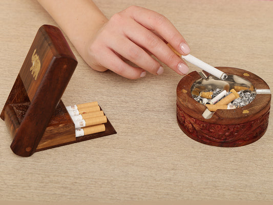 Artisan Sheesham Wood & Metal Ashtray  with Intricate Detailing