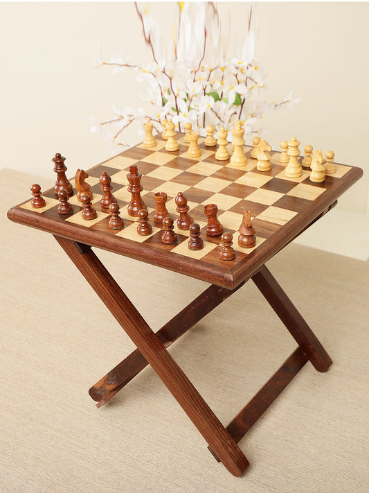 Handcrafted Wooden Chessboard Stand with Inlaid  Squares - Classic Game Board