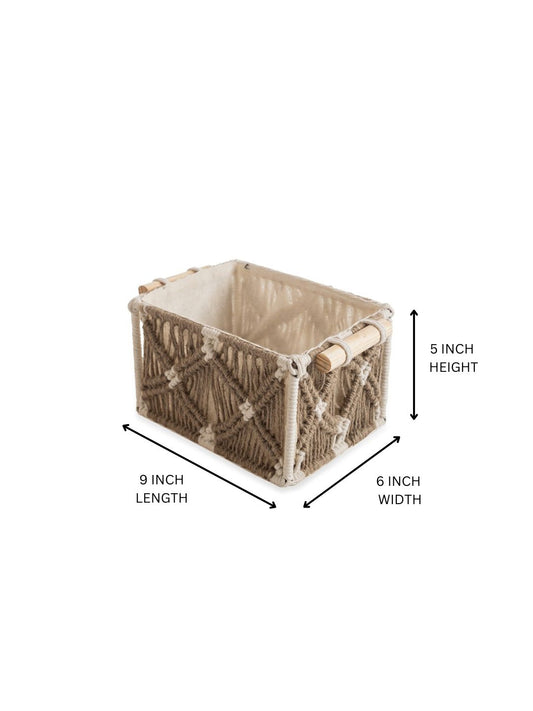 Macrame Storage Basket with Wooden Handles | Boho Home Decor Storage Baskets Tray Cotton Lined for Organizing | Hamper Basket for Gifting (White))