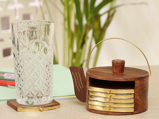 Rustic Wood & Brass Inlay  Coaster Set with Holder