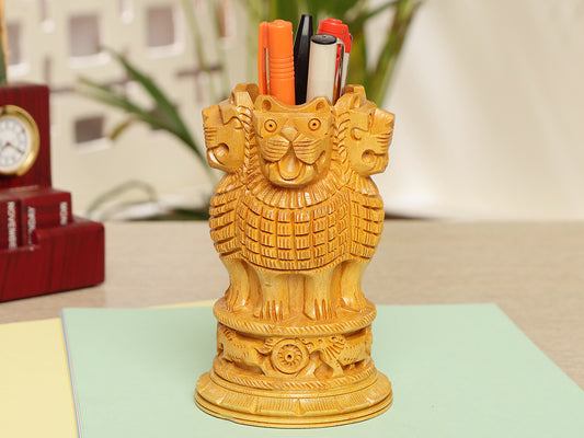 Homeique Handcrafted Ashoka Pillar Wooden Pen Stand