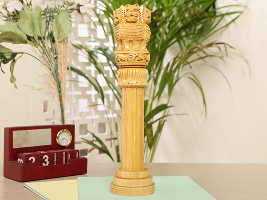 "Handcrafted Wooden Ashoka Pillar – Single Decorative Showpiece (12 Inches)"
