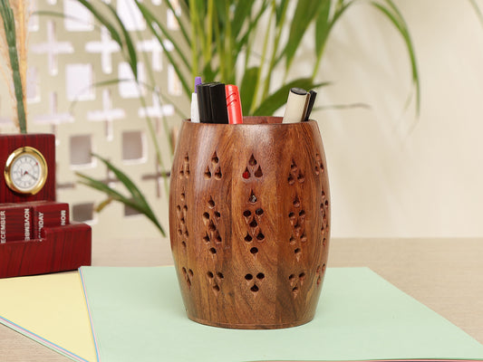 Handcrafted Wooden Pen and Pencil Holder  with Natural Bark Accent