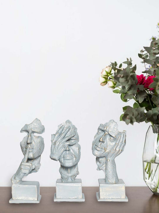 Resin Human Face With Hand On His Mouth Showpiece With Base For Home Decor | Decorative Items For Room | Home Decoration Items | Table Decoration Items, 10 Centimeters, 10 CM, Silver