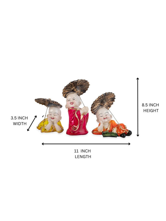 Happy Buddha Monk Statues with Umbrella | Feng Shui Monk Figurine Showpiece - Set of 3 - Home Decor | Resin - Multi - 6.75" Inches