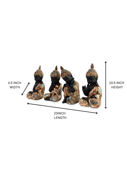 Maditation Monk Set of 4 Little Baby Monk Buddha Idols Table Decorations Items Decorative Items for Room in Racks 5 cm (Polyresin,Stone,Black)