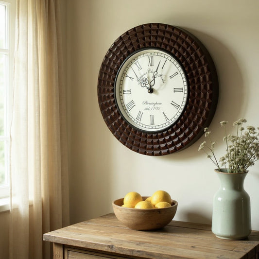 Decorative Wall Clock with Wooden Frame, 40X40 cm Diameter Color Brown