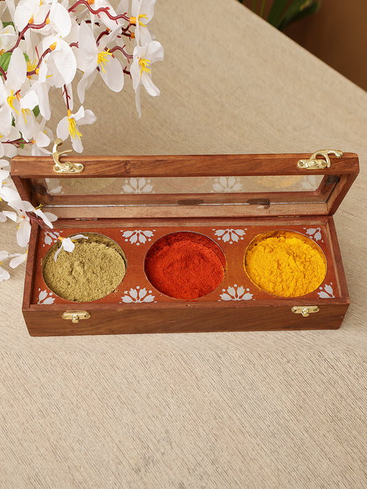 Homeique Handcrafted Wooden Dry  Masala Box with 3 Steel Bowls – Elegant Heart Motif Design
