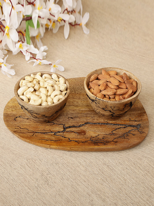 Handcrafted Round Wooden Serving Tray with  Pyrography Branch Design - Single Piece