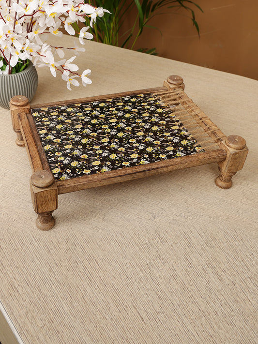 Rustic Khaat-Style Wooden  Serving Platter with Floral Fabric Inlay