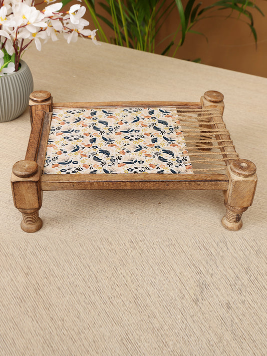 Rustic Khaat-Style Wooden  Serving Platter with Floral Fabric Inlay